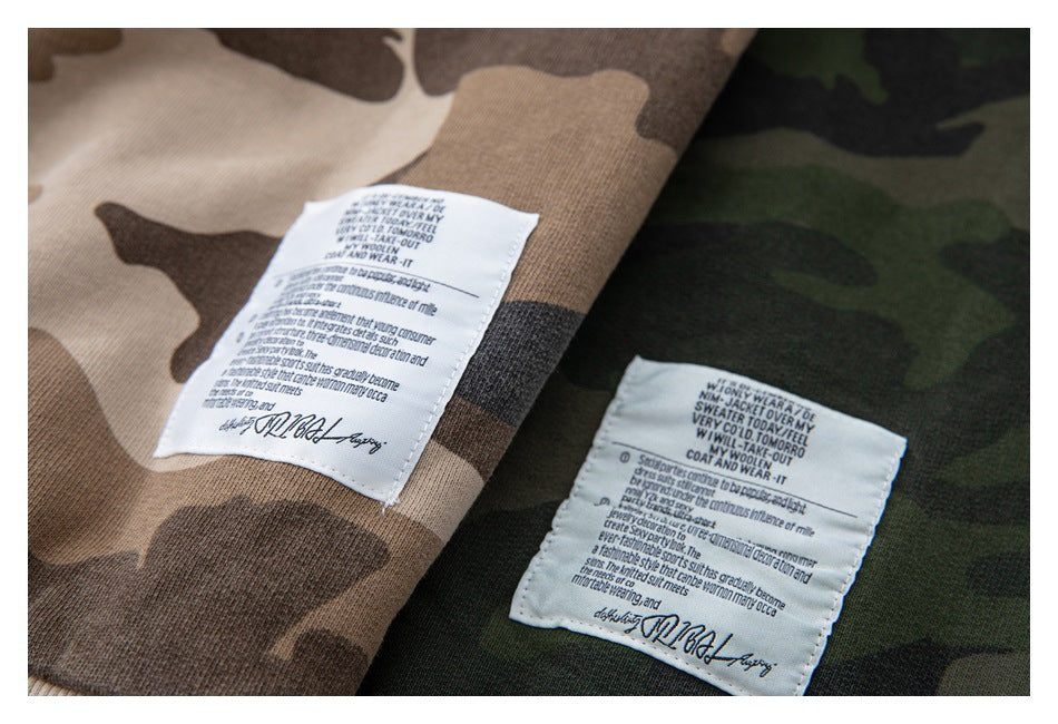 White text labels on tan and green camouflage garment fabric shown side by side.