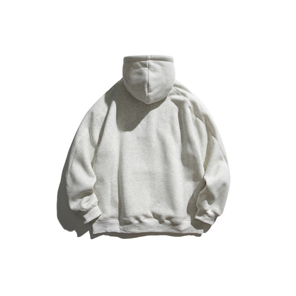 Back view of a light gray hooded sweatshirt with a plain back and gathered cuffs.
