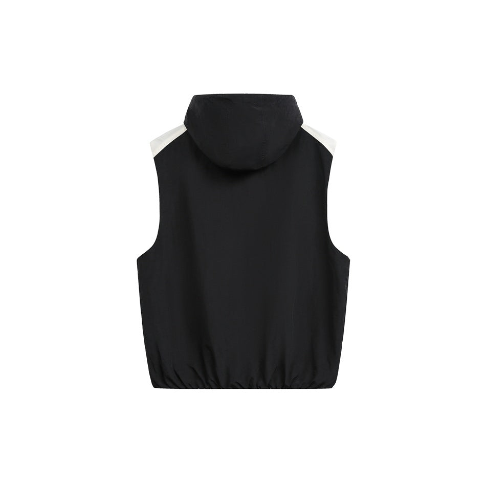 Black sleeveless hooded vest with off-white shoulder panels and gathered hem, back view