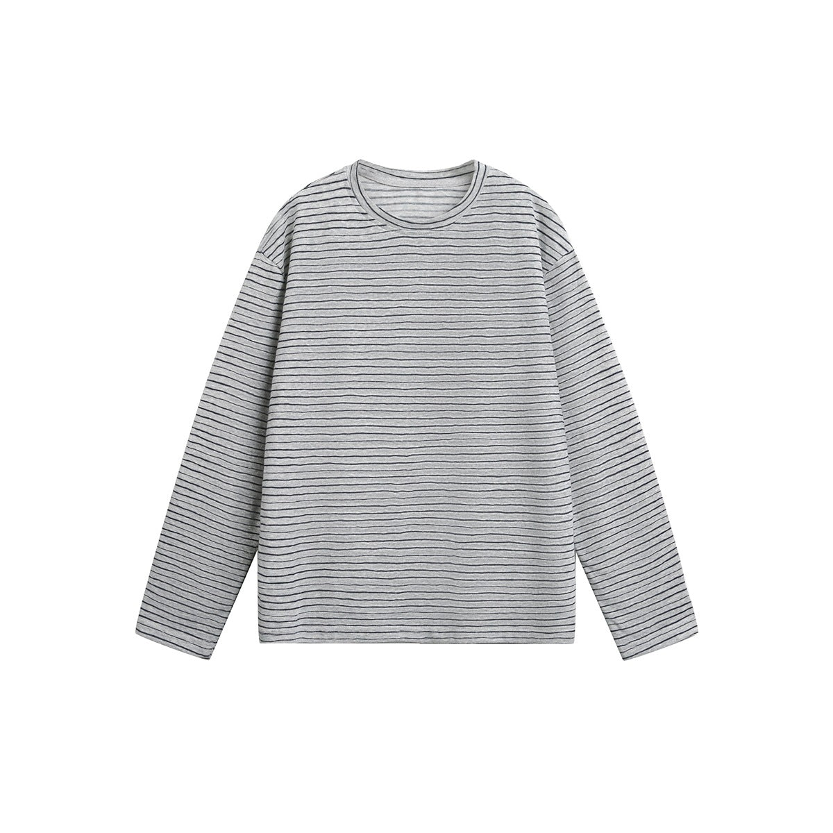 Heather gray long-sleeve crew neck top with thin dark horizontal stripes, flat lay front view
