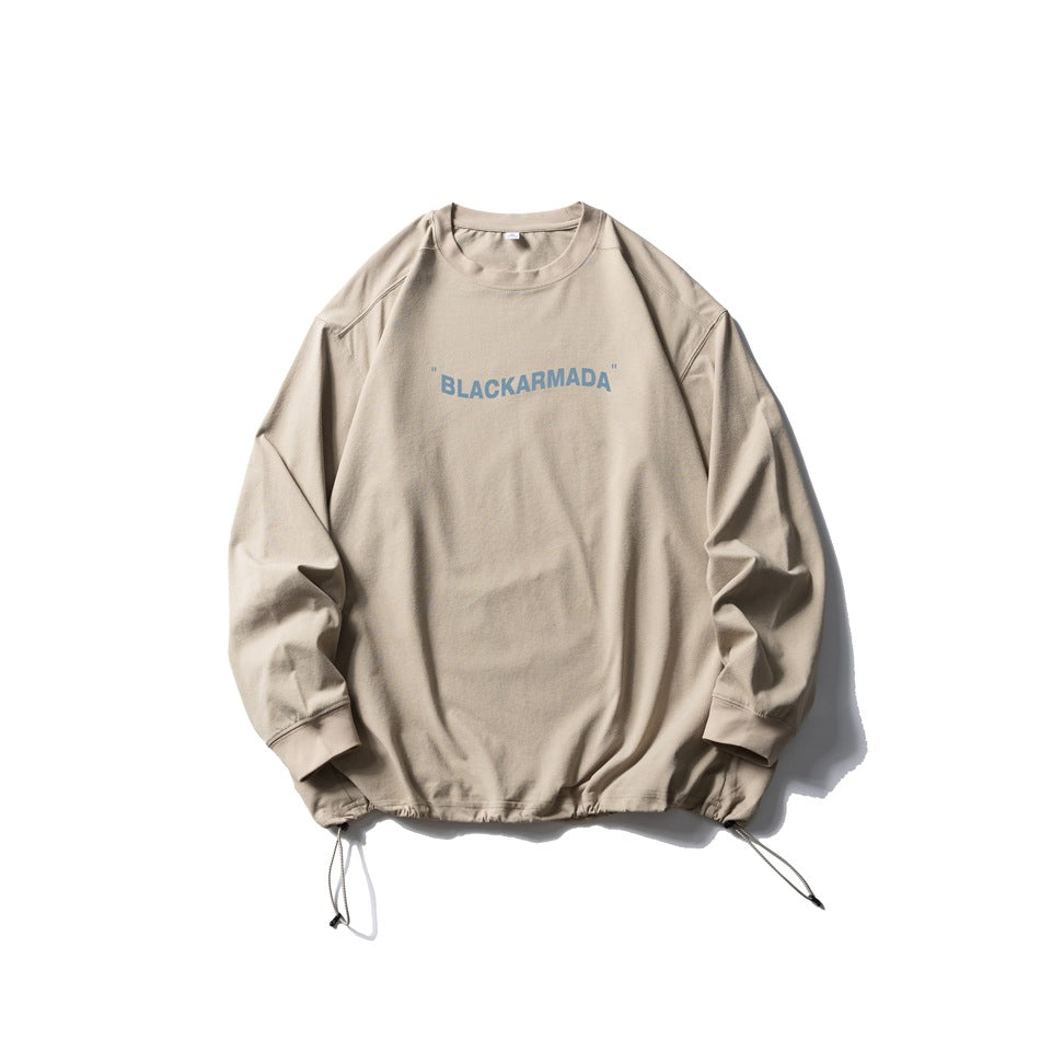 Khaki long-sleeve crew-neck top with blue chest text print and drawstring hem, flat lay