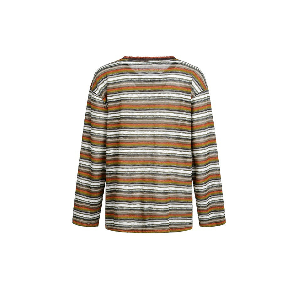 Back view of a long-sleeved top with horizontal cream, gray, black, olive, and rust stripes.