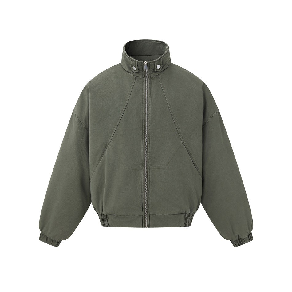 Army green stand-collar zip jacket with snap collar tabs and elastic hem, flat front view
