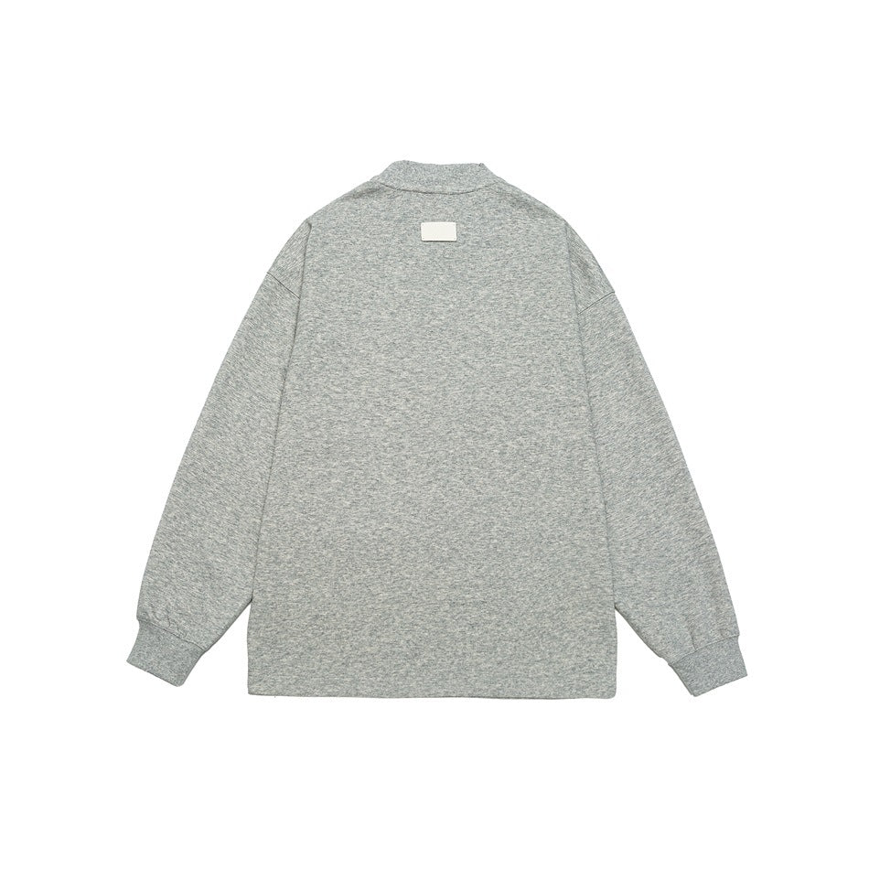 Back view of a heather-gray long-sleeve crewneck sweatshirt with dropped shoulders and ribbed cuffs.