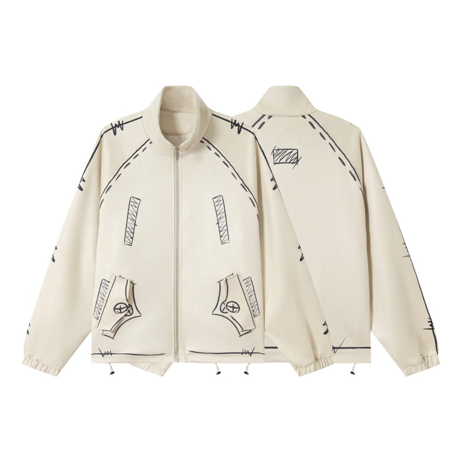 Cream zip jacket shown from front and back, with a high collar, elastic cuffs and black sketch-like graphics.