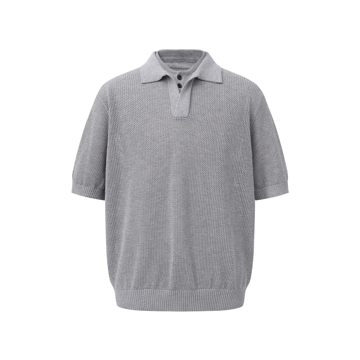 Gray open-knit short-sleeve polo top with layered neckline and two buttons, front flat view