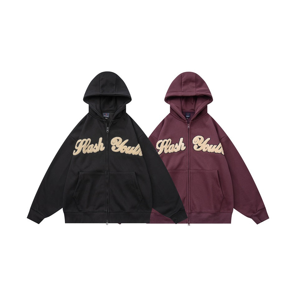 Two front-facing zip-up hoodies, one black and one burgundy, with hoods, pockets, and cream “Flash Back” lettering.