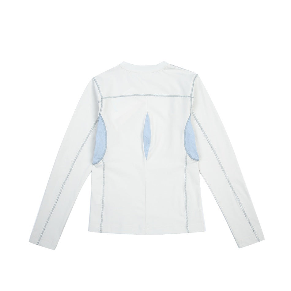 Back view of a white long-sleeve top with pale blue side and center panels.