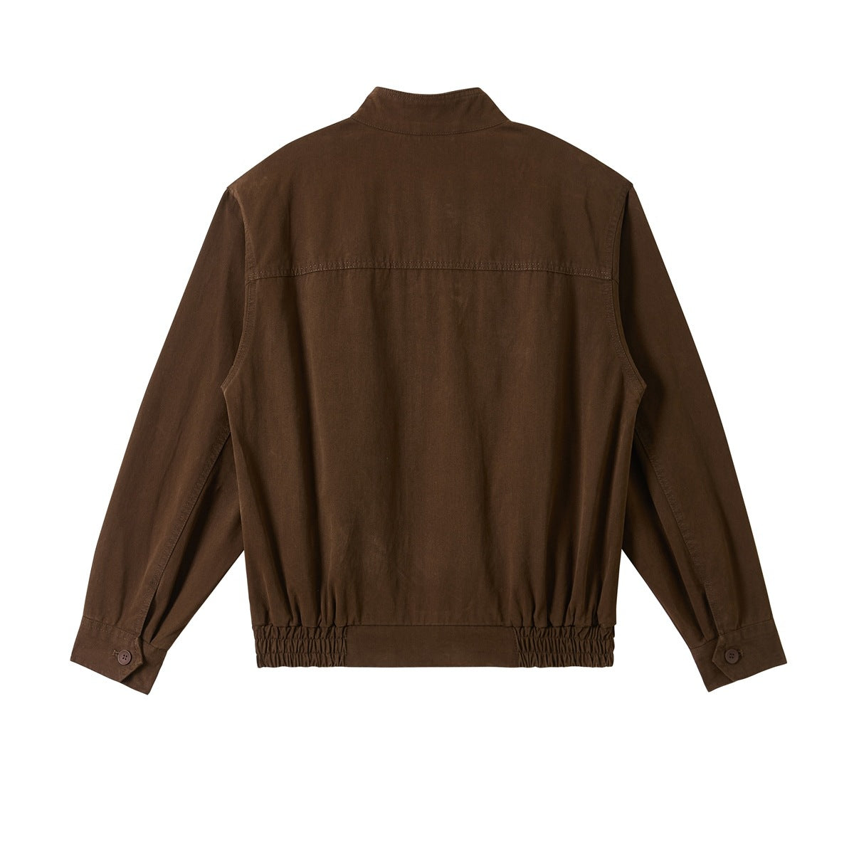 Back view of a dark brown jacket with a stand collar, long sleeves, button cuffs, and elasticated hem sections.