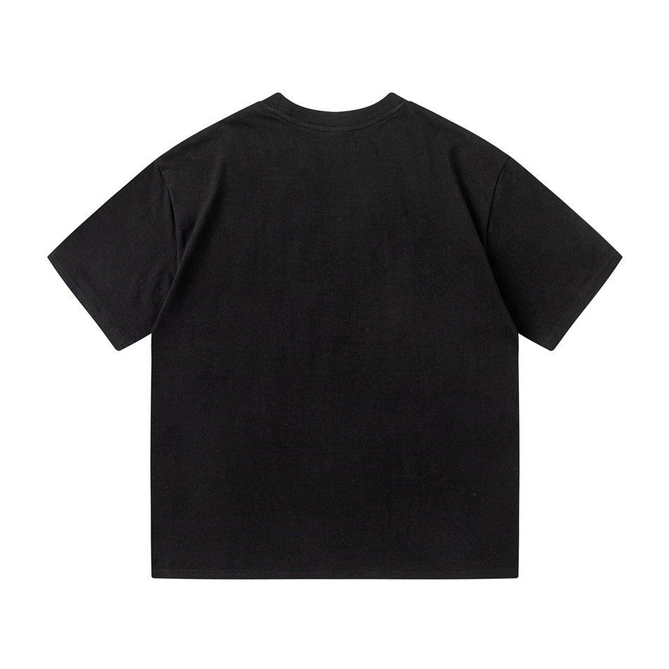 Back view of a plain black short-sleeve crew neck T-shirt laid flat