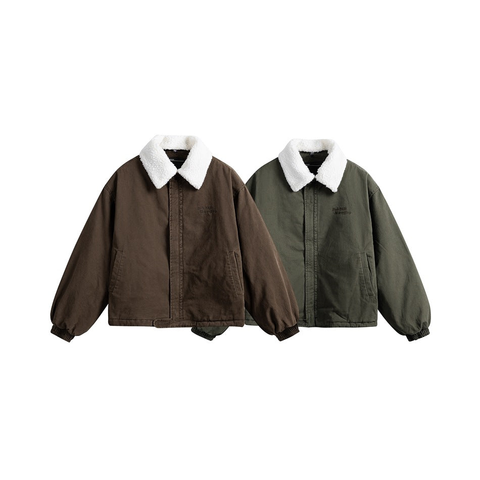 Front view of two jackets with white sherpa collars, one brown and one olive, displayed side by side.
