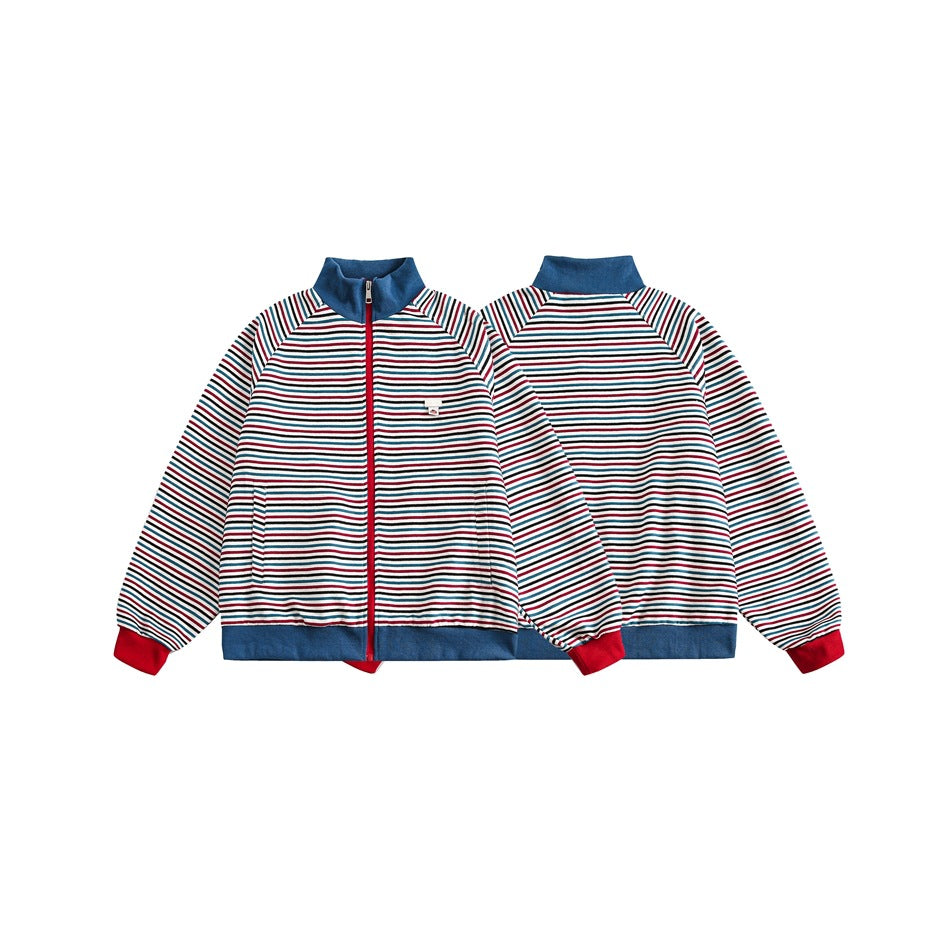 Front and back views of a striped zip-up jacket with a red zipper, blue collar and hem, and red cuffs.