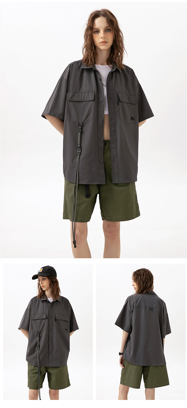 Model wearing a charcoal gray short-sleeve button-up shirt with two flap chest pockets and a long hanging cord; front and