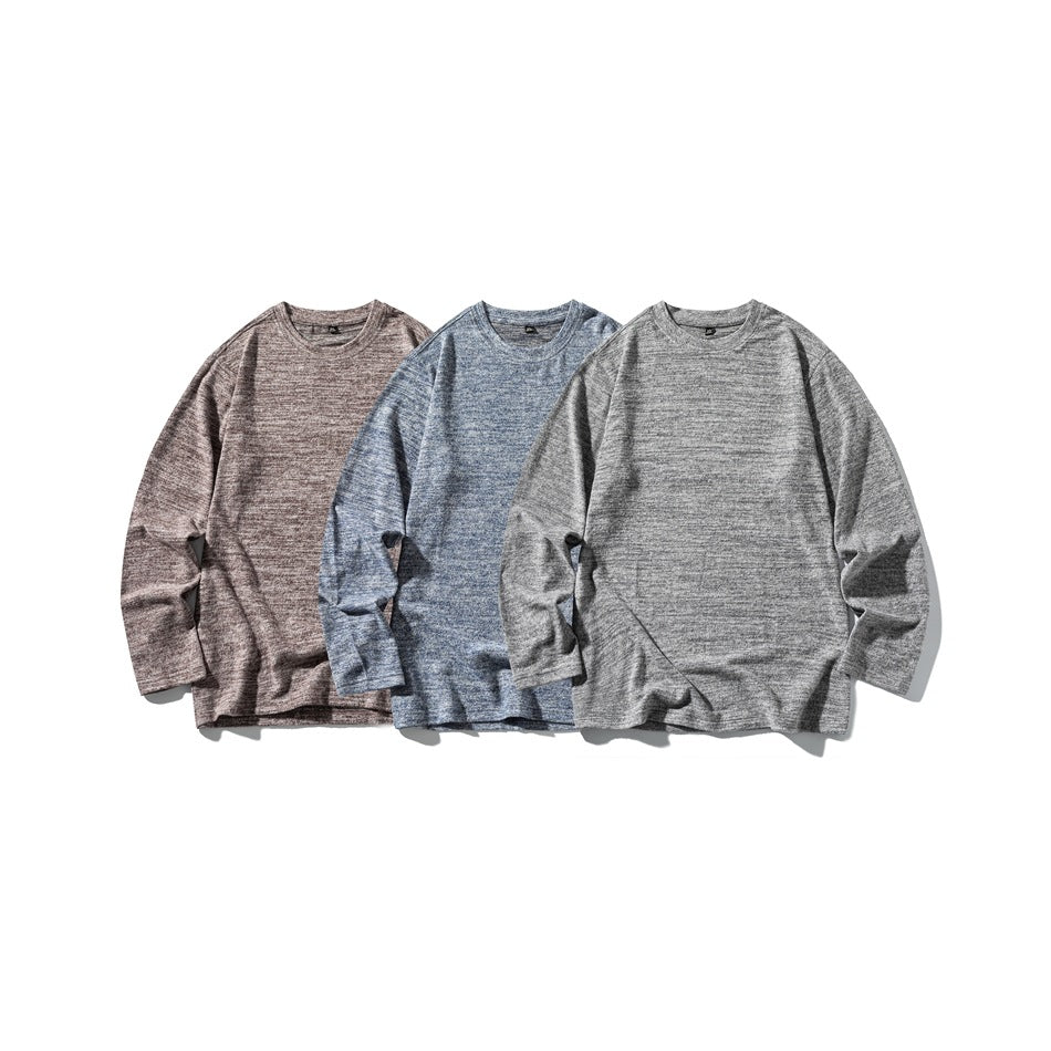 Three long-sleeved crew-neck tops shown together in taupe, blue, and gray marled colorways.