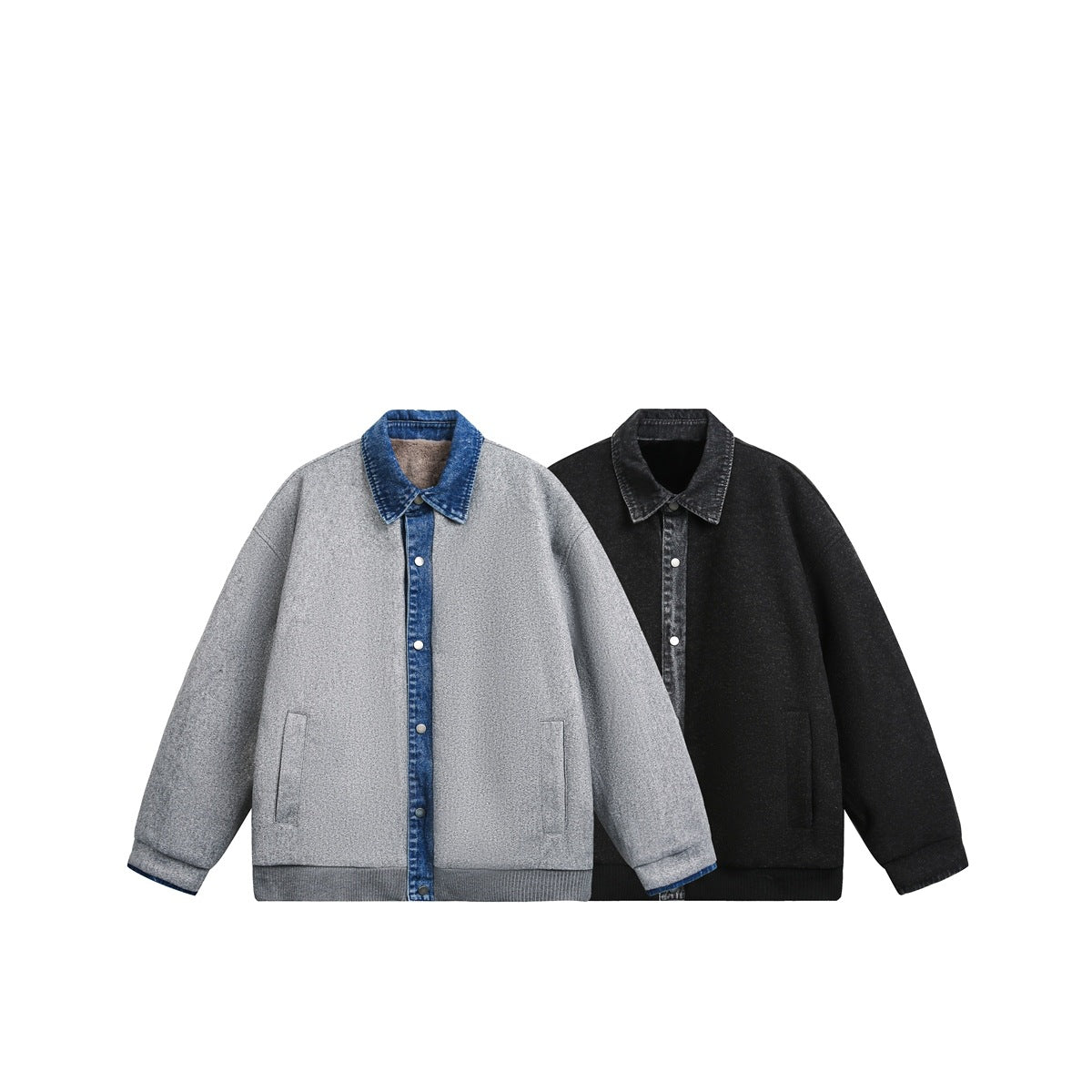 Two jackets shown side by side: one light gray with blue denim trim and one charcoal with dark denim trim.