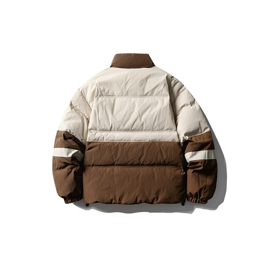 Back view of a brown and cream color-block quilted puffer jacket with stand collar and striped sleeves