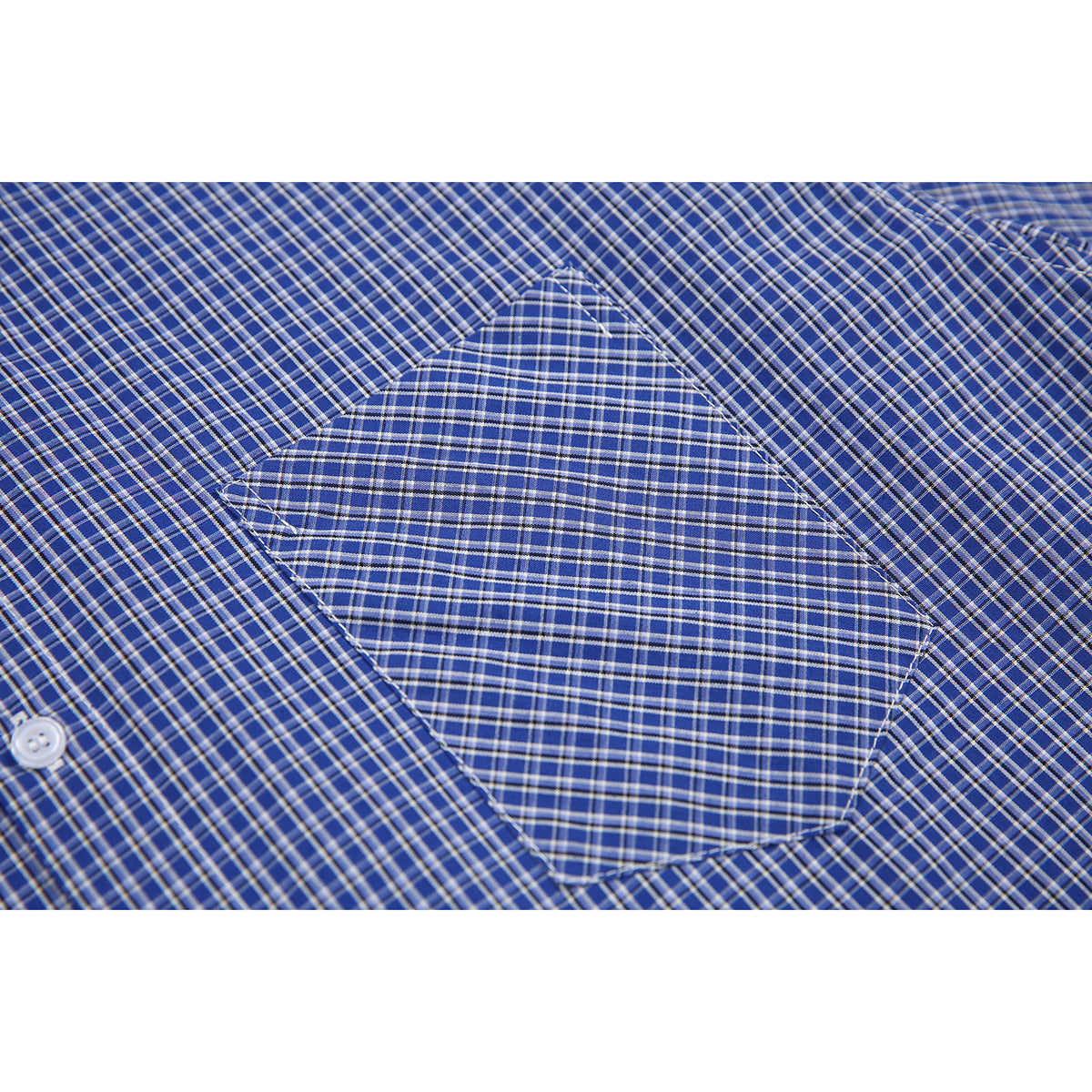 Close-up of the shirt's checked chest pocket and blue-and-white plaid fabric.