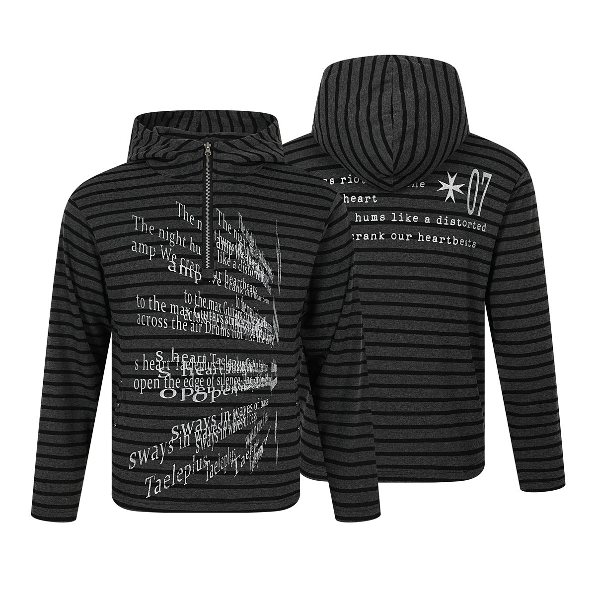 Charcoal and black striped zip-up hoodie shown from front and back, with a hood and distressed white text graphics.