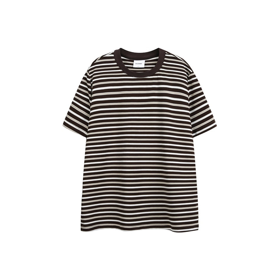 Brown, beige and white striped short-sleeve crew-neck T-shirt with brown ribbed collar, flat lay front view