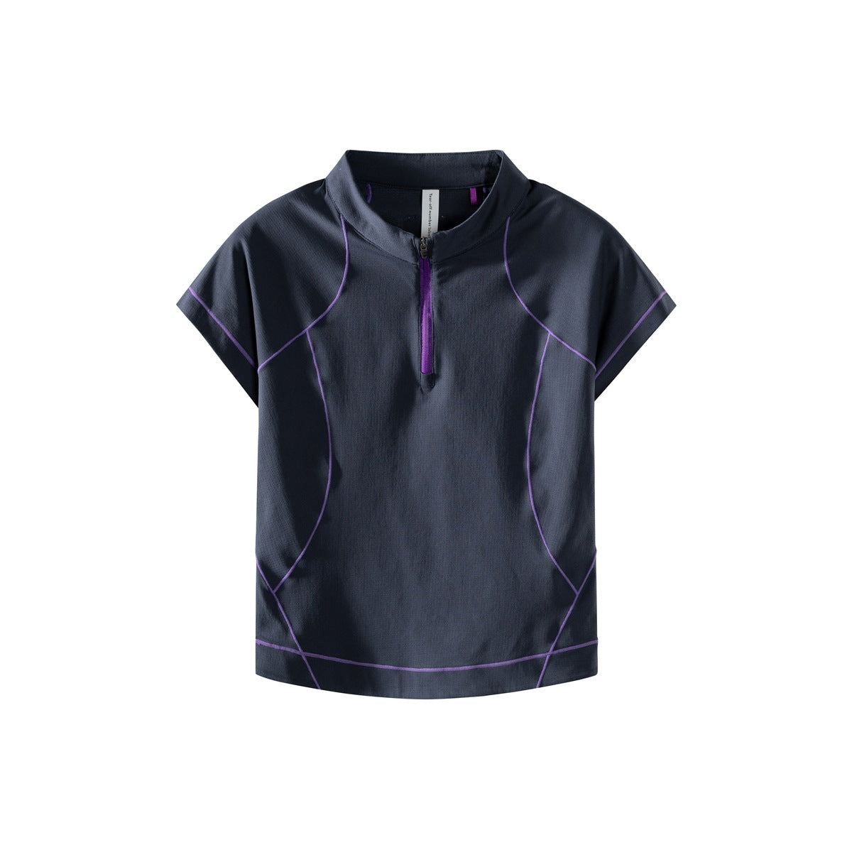 Navy short-sleeve quarter-zip top with purple contrast topstitching and purple zipper tape, flat view