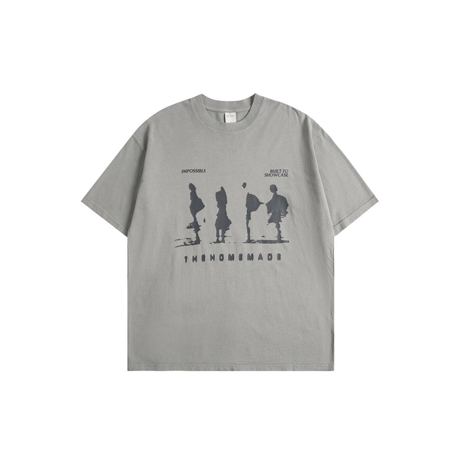 Gray short-sleeve crew-neck t-shirt with a dark silhouette graphic and text print on the front