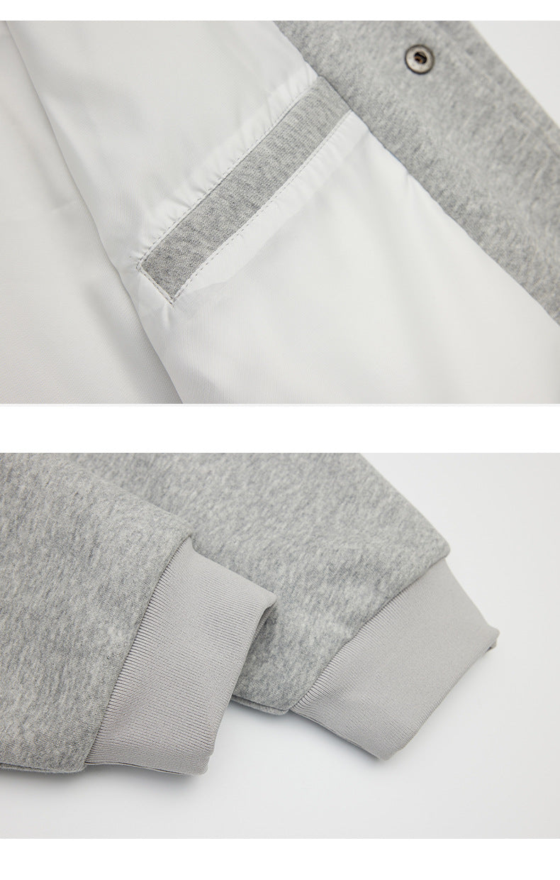 Close-ups of the jacket's light inner lining and heather gray fabric with ribbed cuffs.
