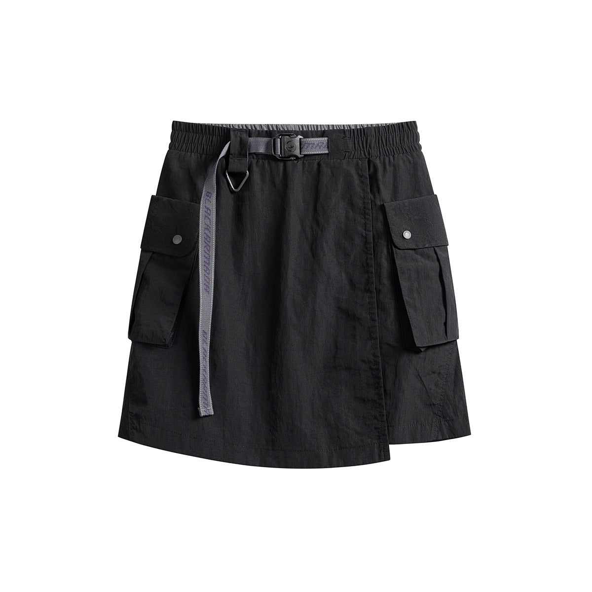 Black wrap-front cargo skort with elastic waist, gray buckle belt and two snap flap pockets, flat lay