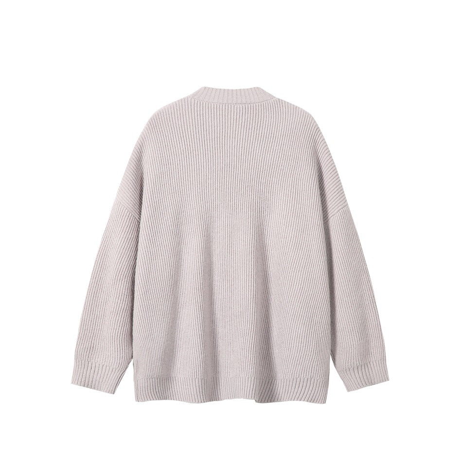 Back view of a light gray ribbed cardigan with a relaxed fit and long sleeves.