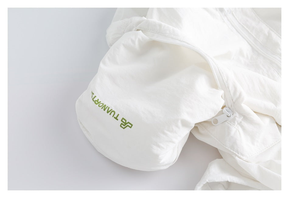 White garment with a zippered storage pouch bearing a green printed logo.