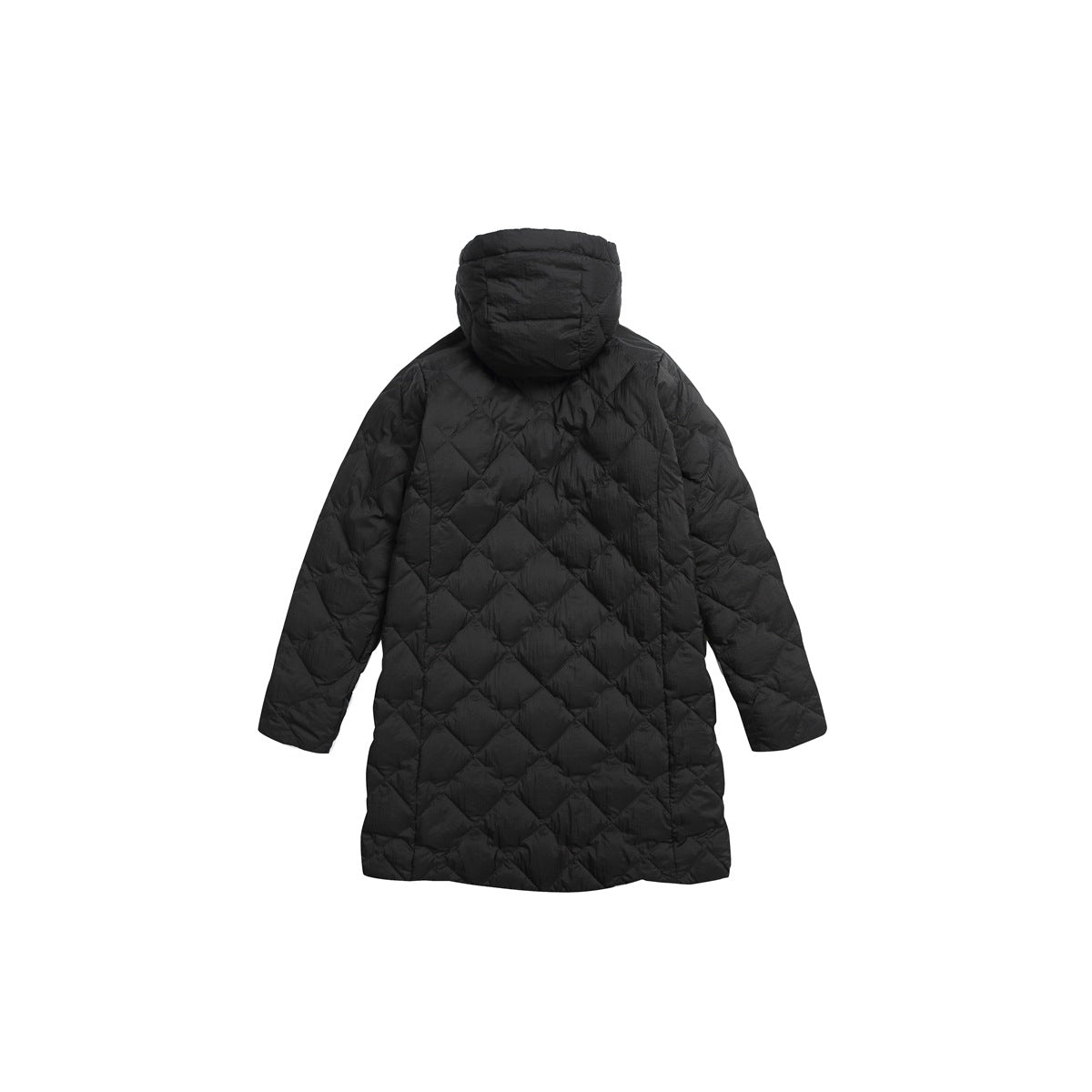 Back view of a black hooded long coat with diamond quilting and long sleeves.