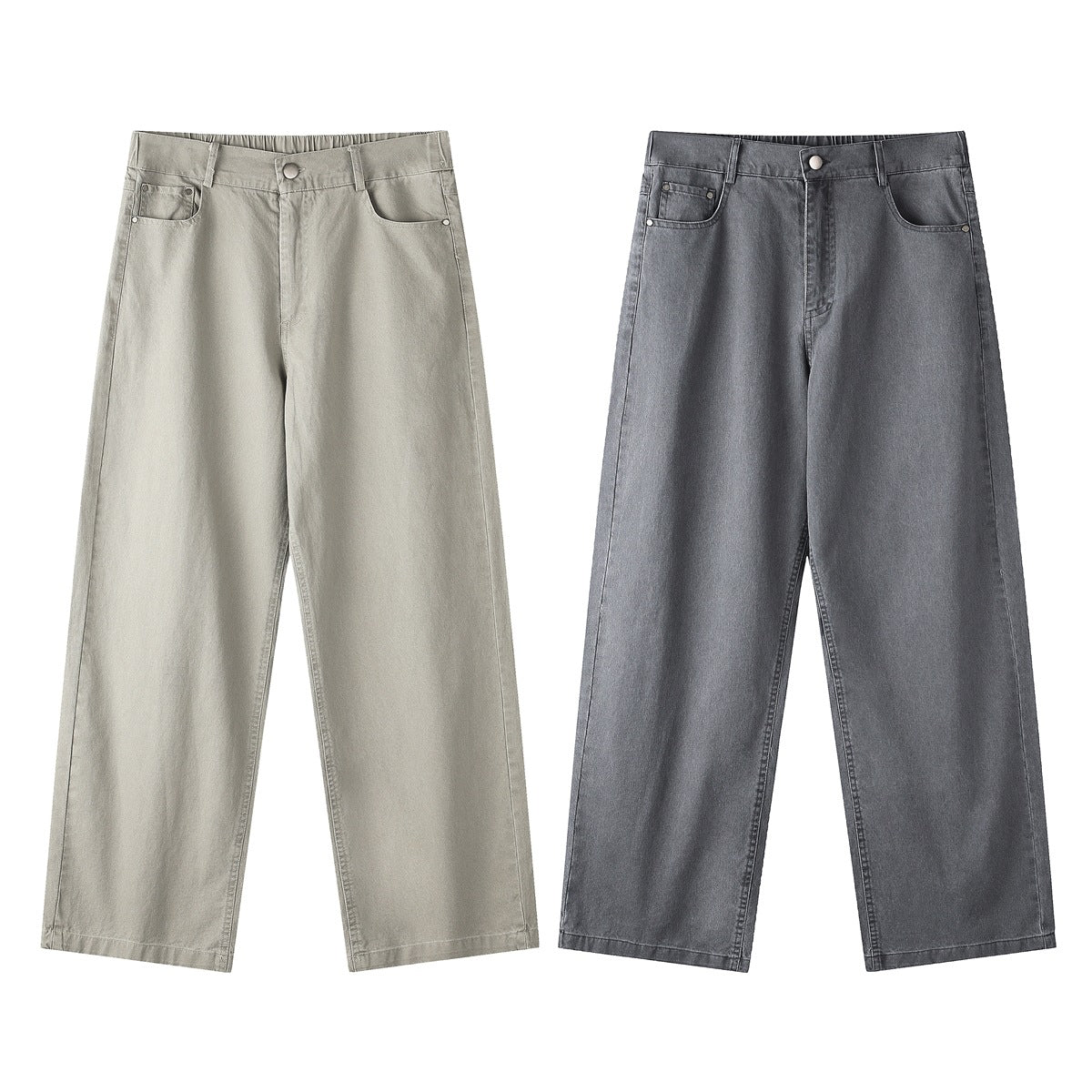 Two pairs of wide-leg pants shown from the front in light gray-beige and charcoal gray, with front pockets.