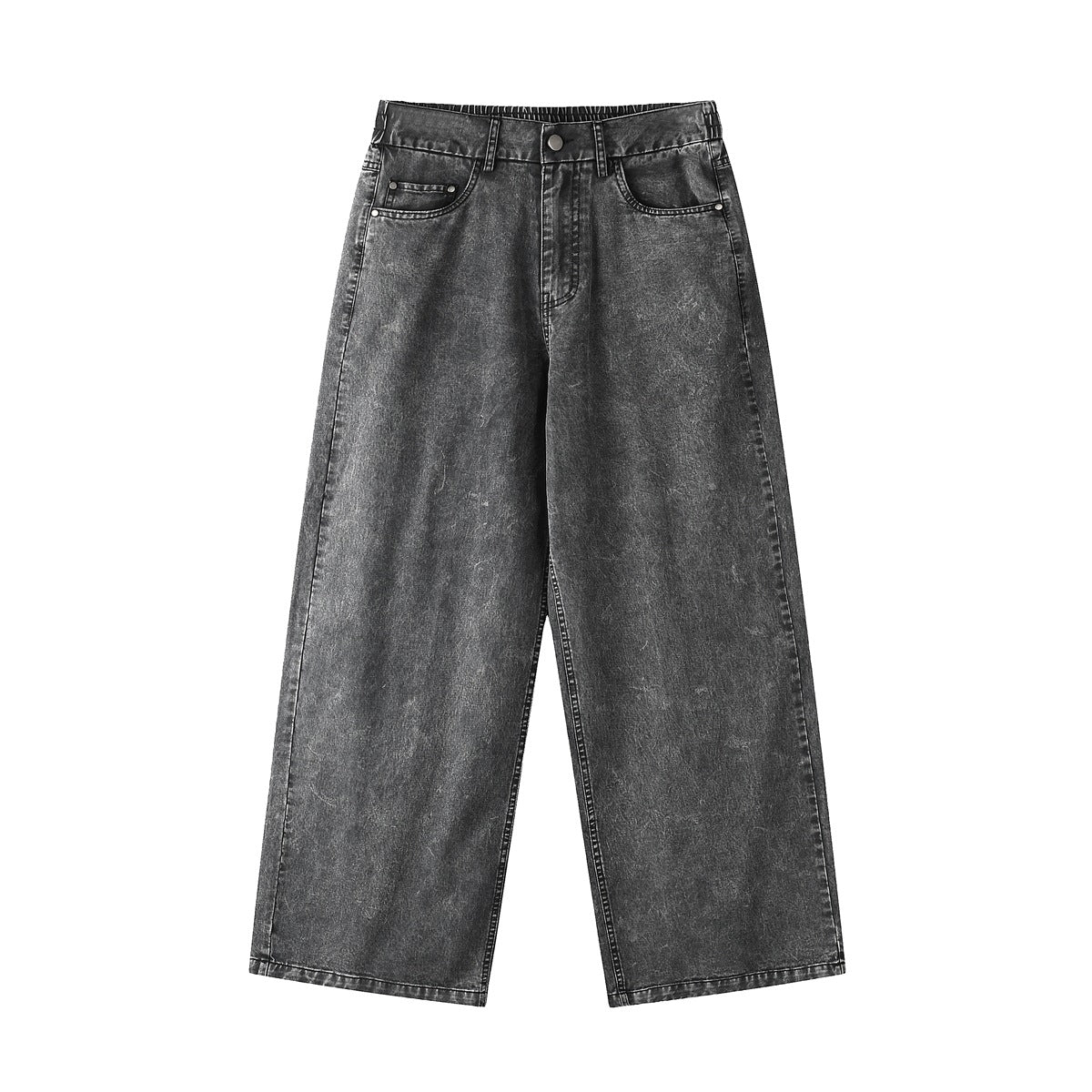 Faded black wide-leg straight pants with five pockets, button fly and elastic waist detail, flat front view