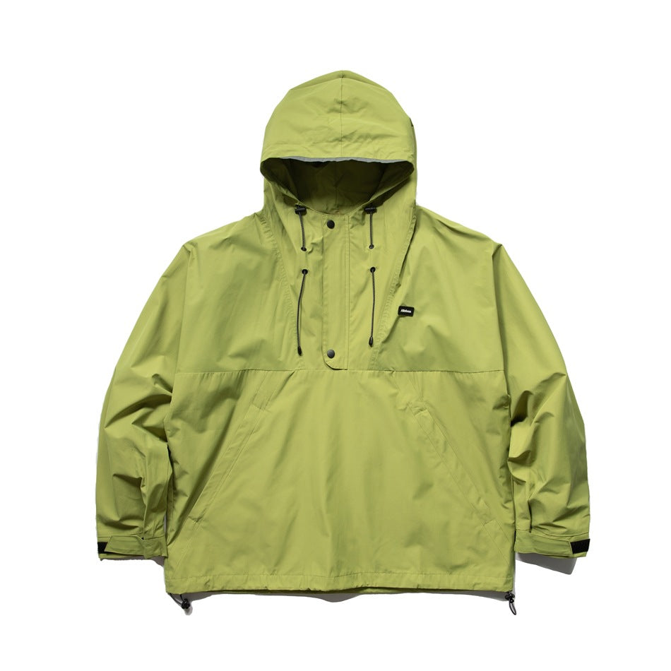 Apple green hooded pullover jacket, front flat view with snap placket, drawcords and slanted pockets