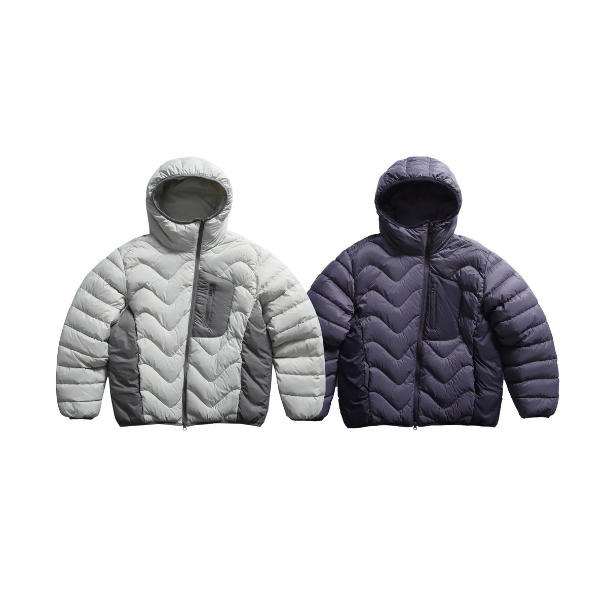 Two hooded puffer jackets shown from the front: one light gray with dark gray panels and one dark purple.