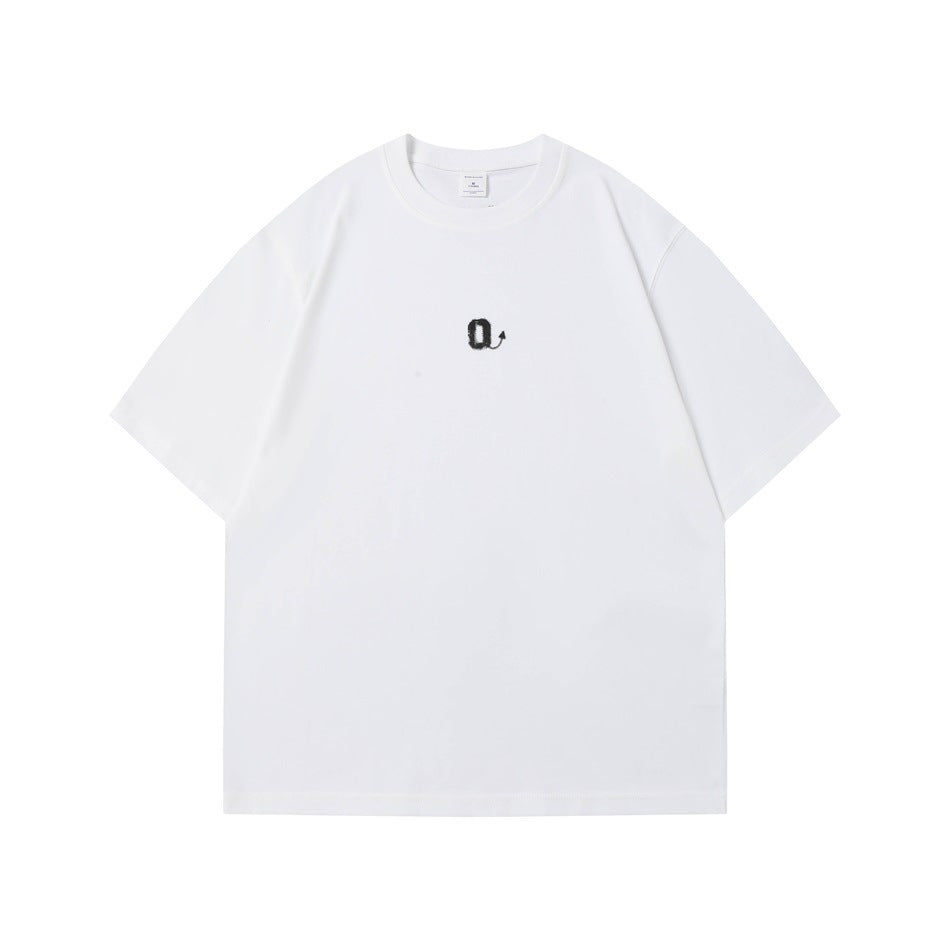 White crew-neck short-sleeve T-shirt with a small black stylized Q graphic at center chest, flat front view