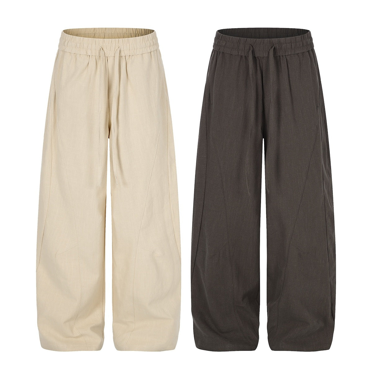 Front views of wide-leg trousers in light beige and dark brown, both with gathered waistbands and curved seams.