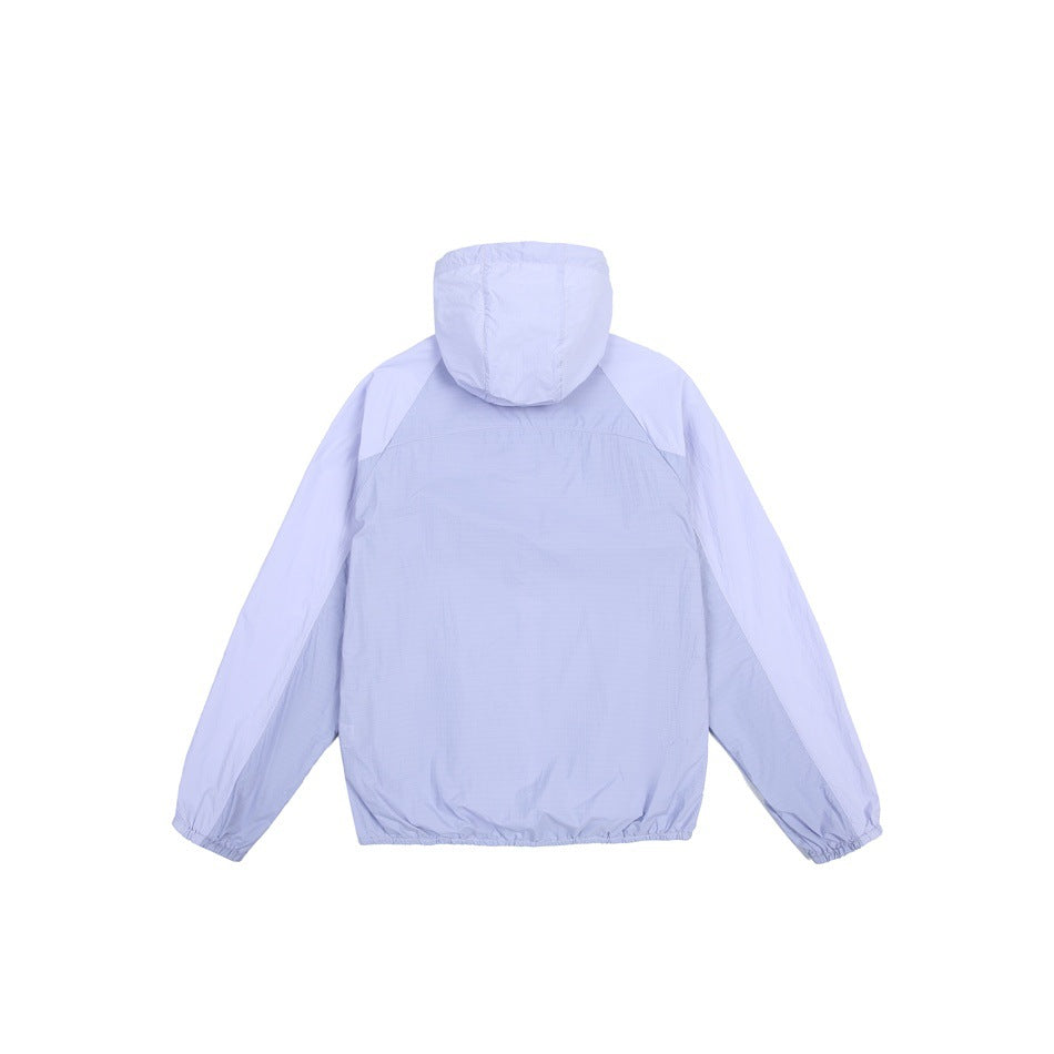 Back view of a pale lavender hooded jacket with long sleeves, elastic cuffs, and an elastic hem.