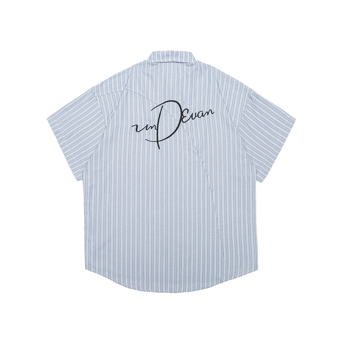 Back of a light blue short-sleeve striped button-up shirt with black cursive embroidery across the upper back.