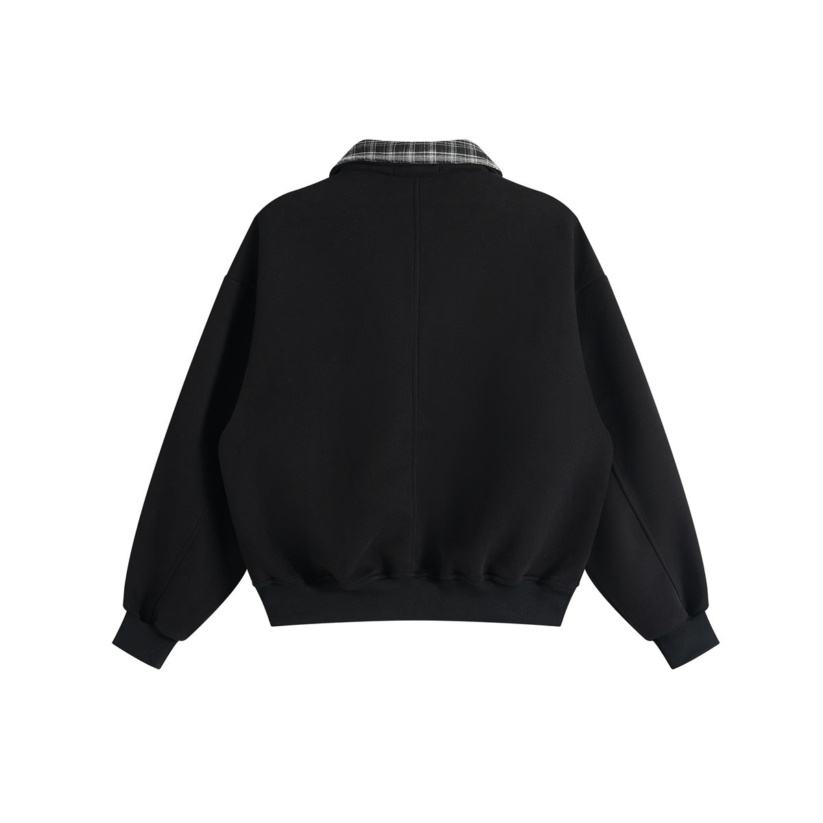 Back view of a black pullover sweatshirt with a plaid collar, dropped shoulders, and ribbed cuffs and hem.