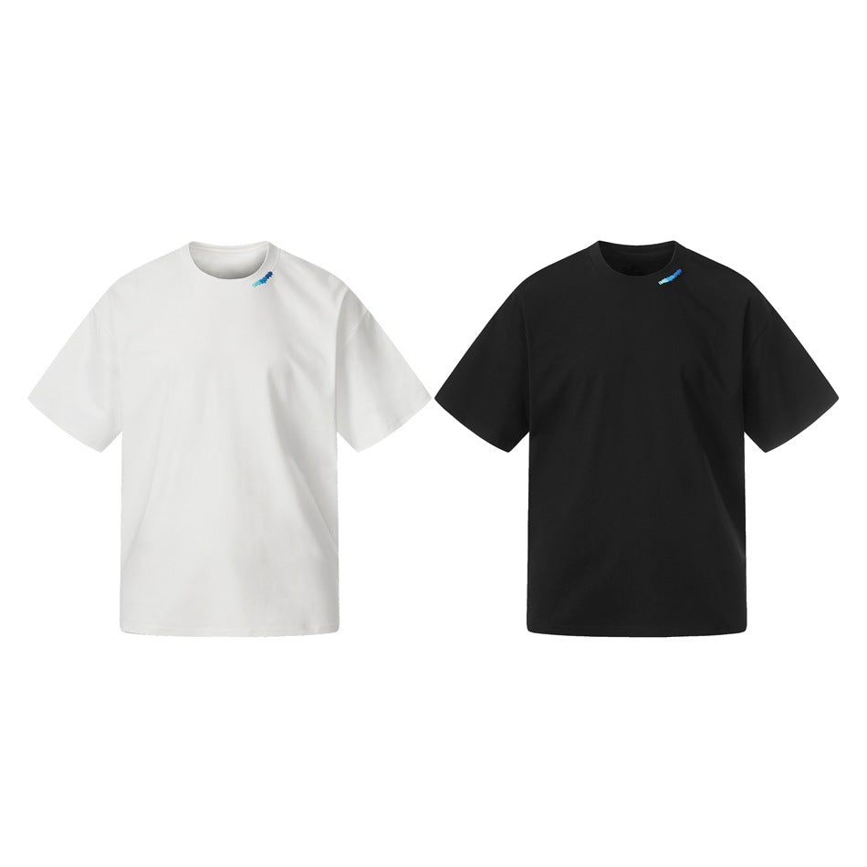 White and black short-sleeve crew-neck T-shirts shown side by side, each with a small blue neckline detail.