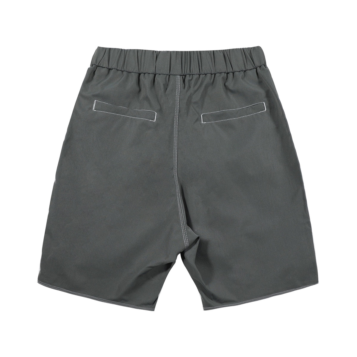 Gray shorts back view with elastic waistband, two stitched back welt pockets and white contrast seam stitching