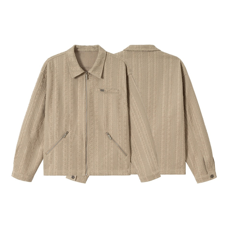 Light beige textured zip jacket shown from the front and back, with a collar and two angled front zip pockets.