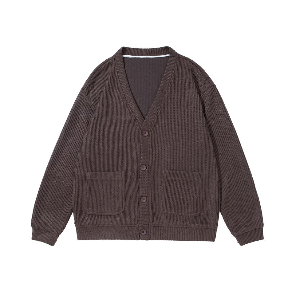 Brown ribbed knit V-neck cardigan with four buttons and two patch pockets, flat front view