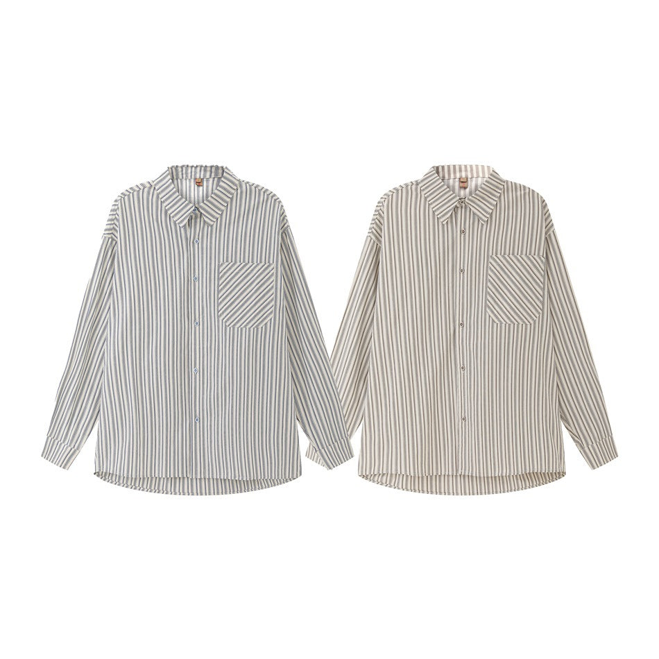 Two long-sleeved striped button-up shirts shown side by side in blue-gray and beige colorways.