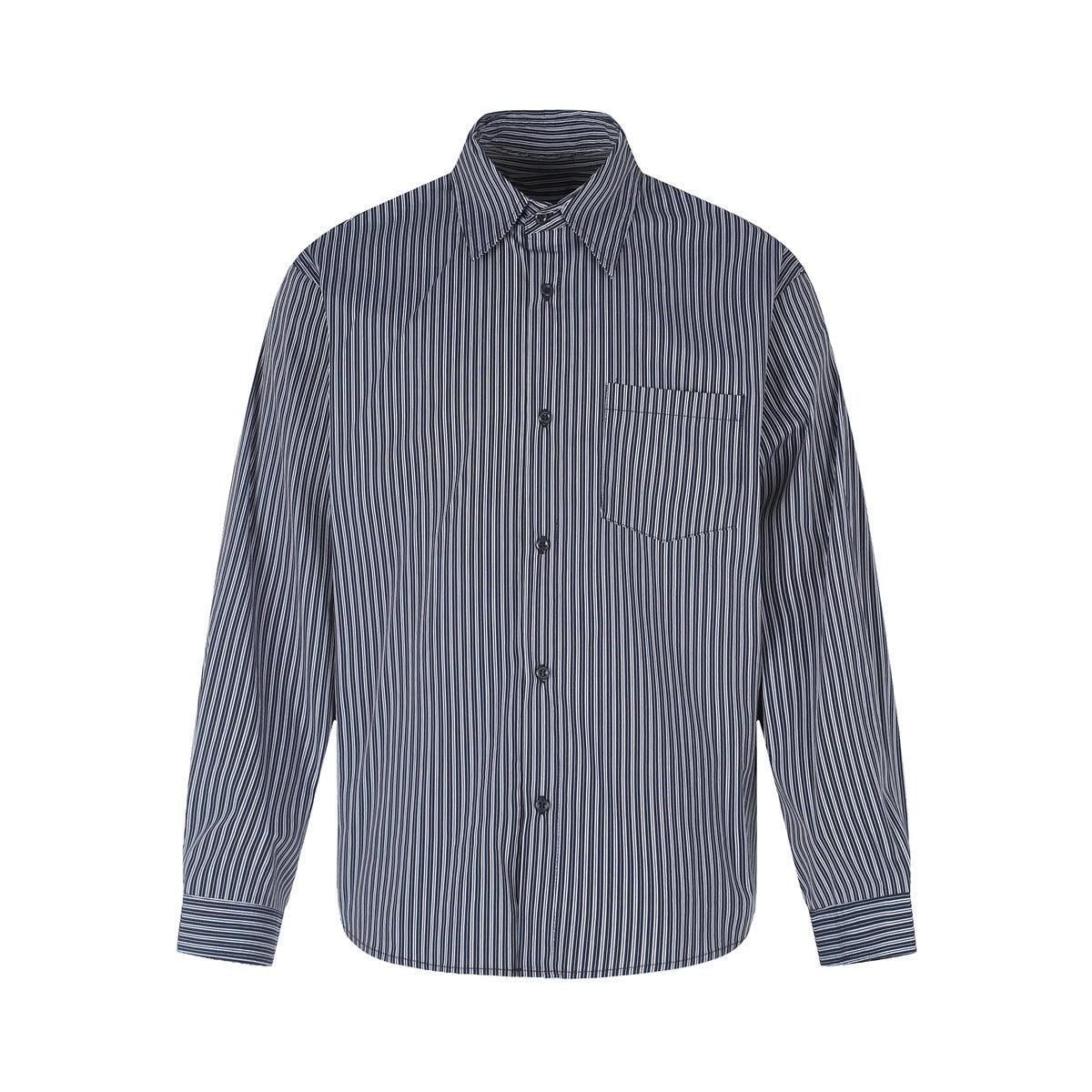 Navy and white striped long-sleeve button-up shirt with chest pocket, flat front view