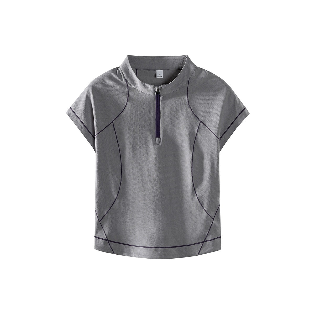 Gray short-sleeve quarter-zip top with dark purple contrast topstitching and zipper tape, flat view