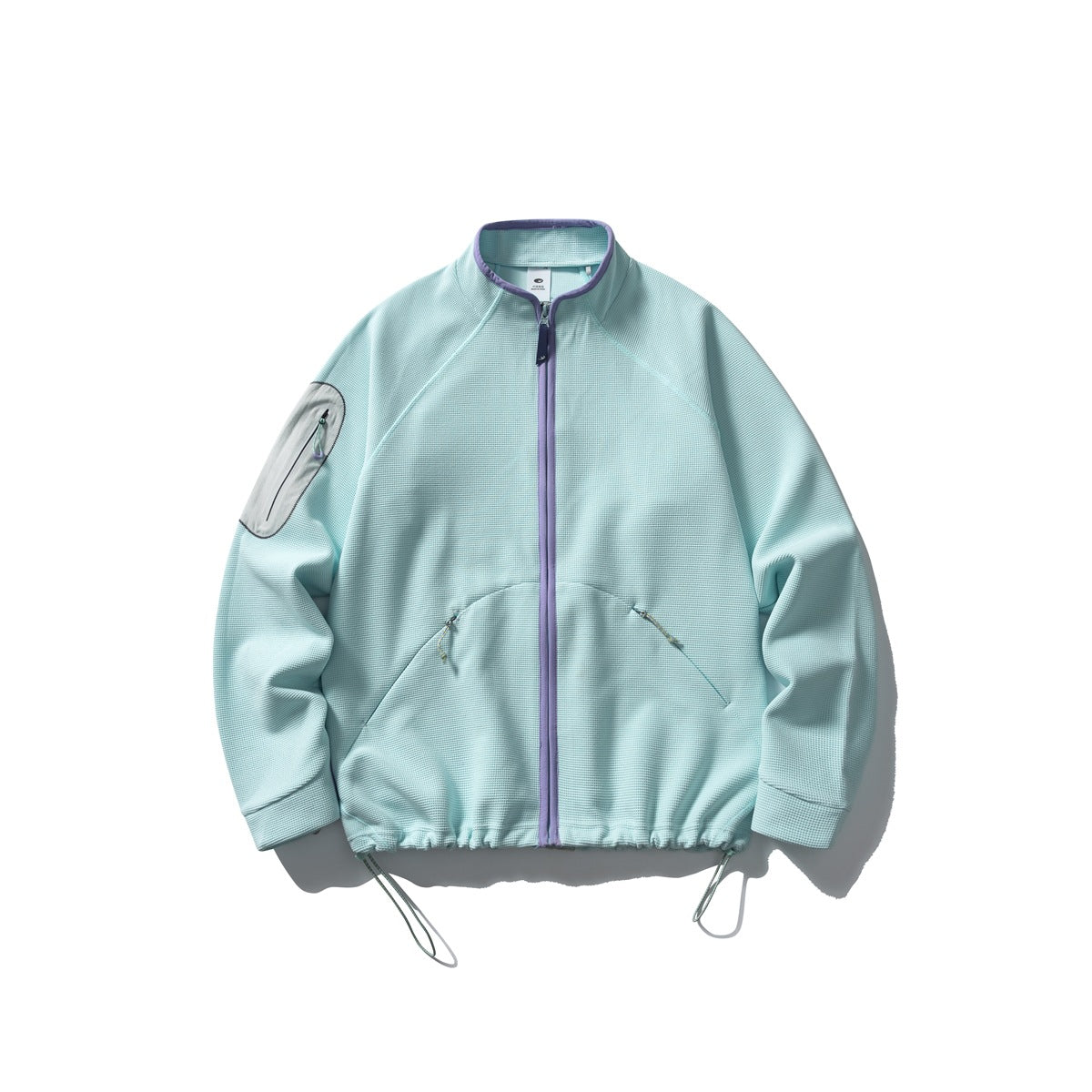 Glacier blue waffle-knit stand-collar zip jacket with purple trim, sleeve pocket and drawcord hem, flat view