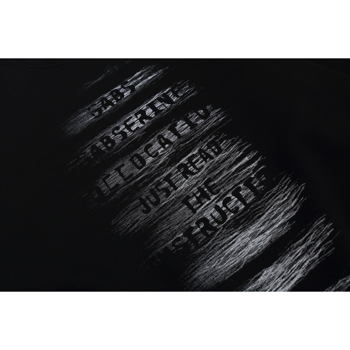 Close-up of distressed pale lettering printed on black sweatshirt fabric.