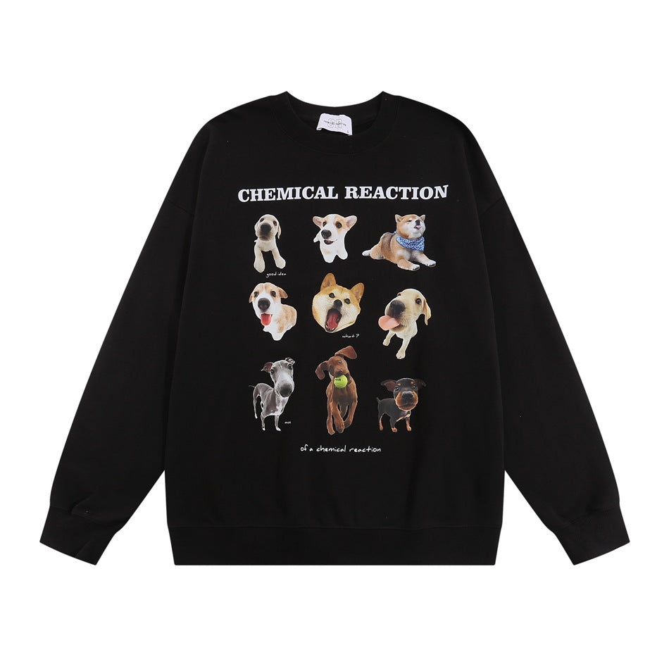 Black crew-neck sweatshirt with CHEMICAL REACTION text and a grid of nine dog photos on the front