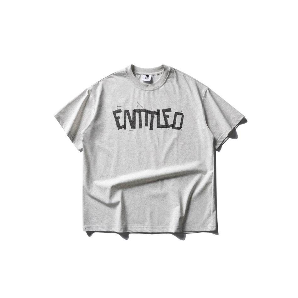 Light gray short-sleeve crew-neck T-shirt with dark ENTITLED lettering graphic on the chest, flat view